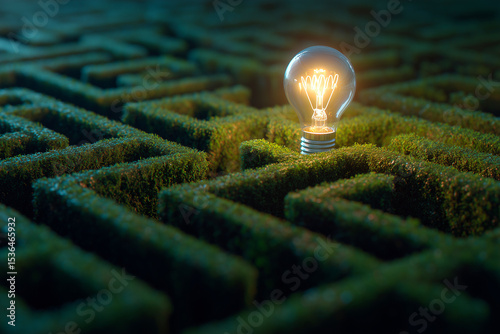 Illuminated light bulb in the center of a green hedge maze, symbolizing innovation and solving challenges – creativity, inspiration, and finding ideas