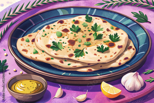 Indian naan bread topped with melted butter and garlic, served on a traditional metal plate. Ideal for ethnic food visuals, menus, or recipe illustrations