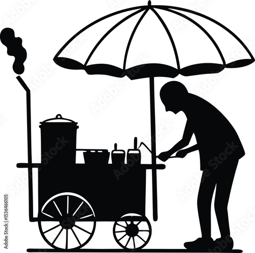 Street Vendor Cooking Silhouette Vector, Food Cart with Umbrella Clipart.