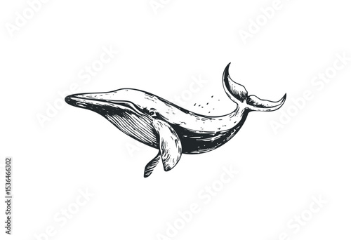 Detailed vintage illustration of a whale in a classic pose. Vector retro hand drawn illustration