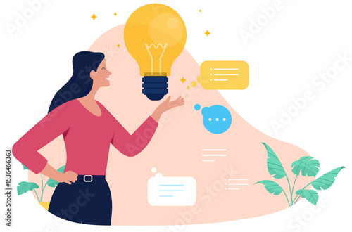 Woman with a bright lightbulb floating above her hand, symbolising a great idea, creative thinking, or innovation with supporting thought bubbles. Flat design vector illustration