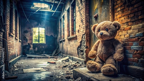 Dark, mysterious ruins: a lost teddy bear, letter L, and industrial graffiti tell a vintage, abandoned building's story.