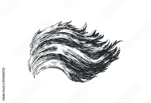 Stylized artistic illustration of flowing hair in black and white. Vector retro hand drawn illustration