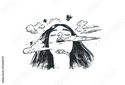 Surreal line art of a young caucasian female with clouds and birds. Vector retro hand drawn illustration