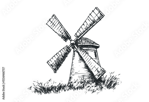 Rustic windmill drawing with detailed blades in a grassy field. Vector retro hand drawn illustration
