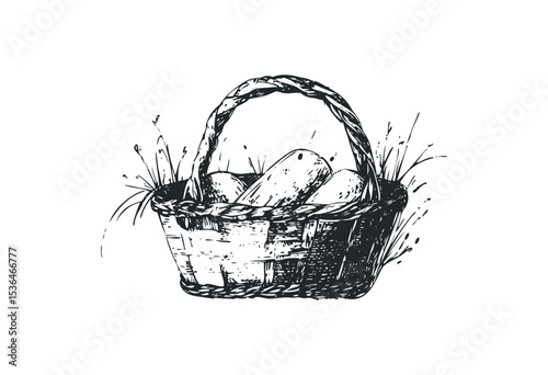 Hand-drawn basket with fresh baguettes and grass in black ink style. Vector retro hand drawn illustration