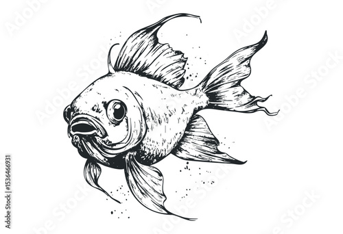 Detailed black and white illustration of a swimming goldfish. Vector retro hand drawn illustration