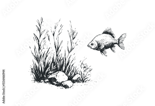 Fish swimming near aquatic plants in underwater scene. Vector retro hand drawn illustration