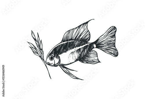 Ornamental angelfish sketch with leaf element in monochrome illustration. Vector retro hand drawn illustration