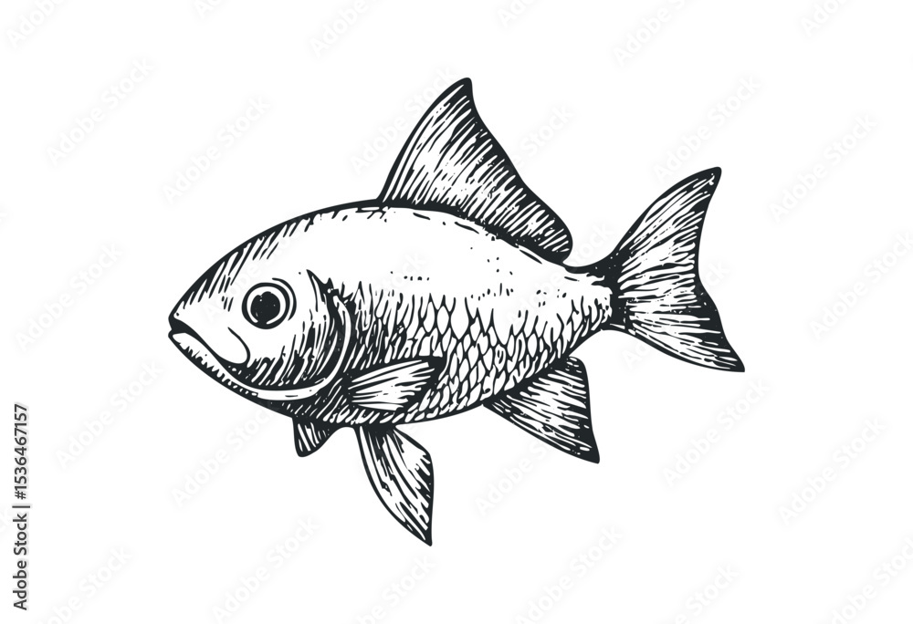 Obraz premium Detailed black and white sketch of a fish with scaled texture and fins. Vector retro hand drawn illustration