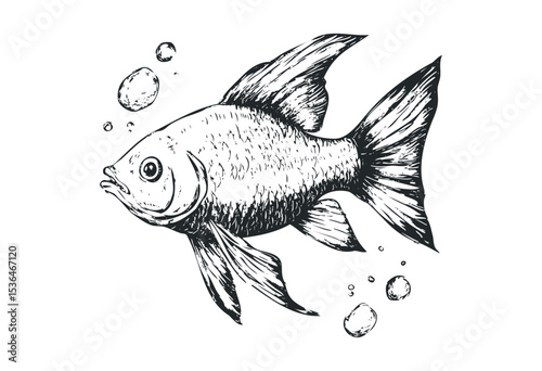 Hand-drawn sketch of a fish with bubbles in black and white. Vector retro hand drawn illustration