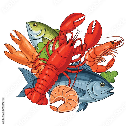 Marine Life Illustration: Lobster, Prawns, and Various Fish Species