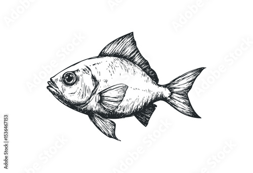 Detailed hand-drawn sketch of a fish with prominent fins and scales. Vector retro hand drawn illustration