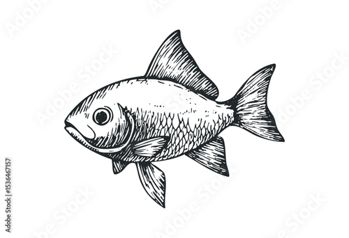 Detailed black and white sketch of a fish with scaled texture and fins. Vector retro hand drawn illustration