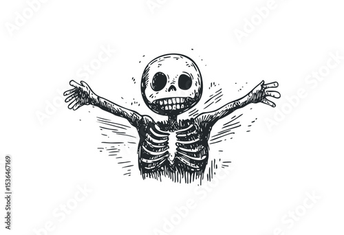 Sketch of smiling skeleton with outstretched arms in ink style. Vector retro hand drawn illustration