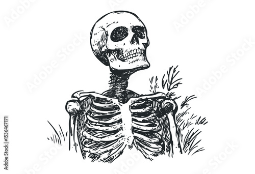 Detailed sketch of a human skeleton with rib cage and skull. Vector retro hand drawn illustration