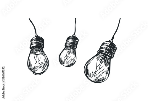 Hand-drawn vintage hanging light bulbs illustration in black and white. Vector retro hand drawn illustration