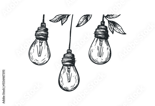 Hand-drawn vintage hanging light bulbs with leaves. Vector retro hand drawn illustration