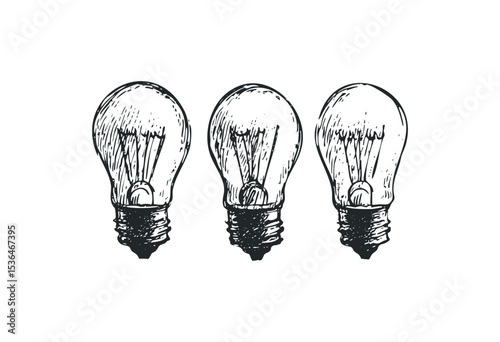 Sketch of three vintage light bulbs in a row. Vector retro hand drawn illustration
