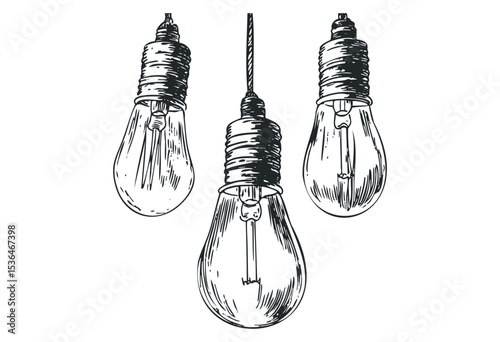 Vintage hanging light bulbs sketch in black and white. Vector retro hand drawn illustration