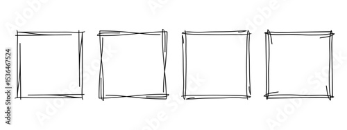 Square doodle frames set, hand-drawn wavy curly monograms. Edgings and stamp cadres with simple sketchy scribble swirl design elements. Isolated. Vector illustration.