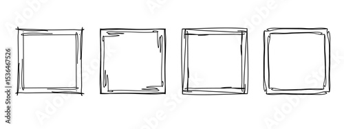 Square doodle frames set, hand-drawn wavy curly monograms. Edgings and stamp cadres with simple sketchy scribble swirl design elements. Isolated. Vector illustration.
