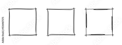 Square doodle frames set, hand-drawn wavy curly monograms. Edgings and stamp cadres with simple sketchy scribble swirl design elements. Isolated. Vector illustration.