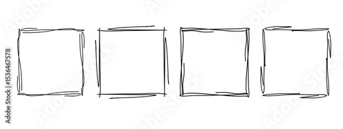 Square doodle frames set, hand-drawn wavy curly monograms. Edgings and stamp cadres with simple sketchy scribble swirl design elements. Isolated. Vector illustration.