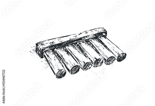Hand-drawn wooden panpipe with six pipes in ink sketch style. Vector retro hand drawn illustration