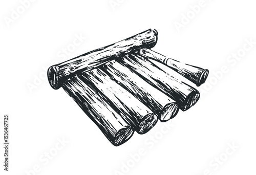 Hand-drawn wooden xylophone sticks arrangement in black and white. Vector retro hand drawn illustration