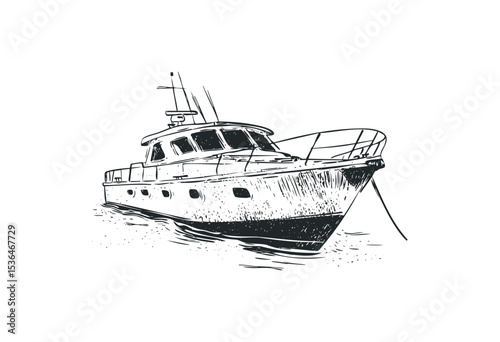 Detailed sketch of a yacht in motion on the water. Vector retro hand drawn illustration