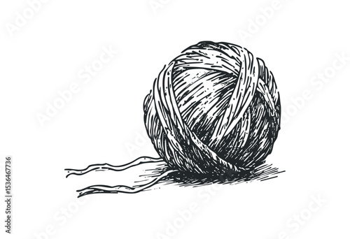 Hand-drawn illustration of a yarn ball with loose ends. Vector retro hand drawn illustration