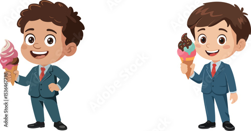 Two cartoon boys in suits holding ice cream cones on a white background illustration style art