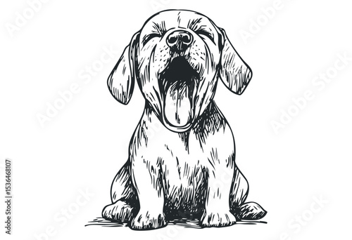Yawning dog sketch with detailed line art illustration. Vector retro hand drawn illustration