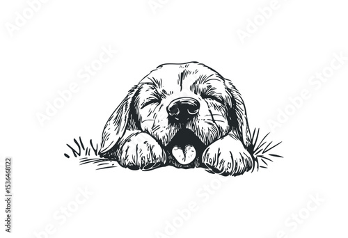 Illustration of a sleeping puppy with tongue out in black and white. Vector retro hand drawn illustration