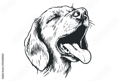 Detailed illustration of a dog with tongue out and eyes closed. Vector retro hand drawn illustration