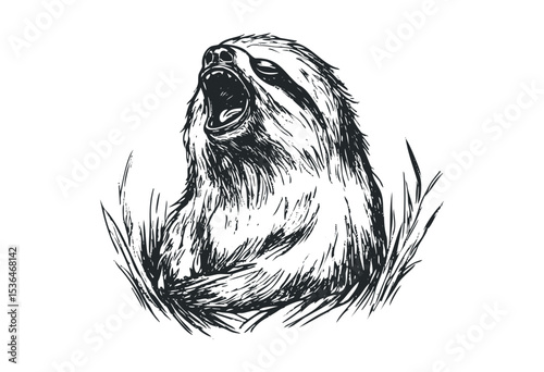 Yawning sloth sketch in nature scene with open mouth expression. Vector retro hand drawn illustration