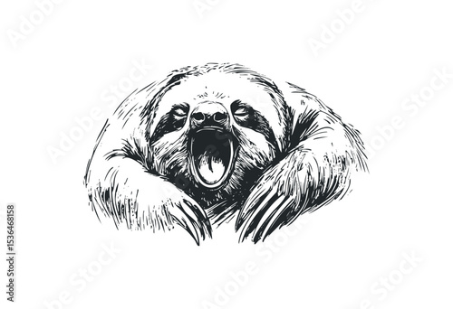 Yawning sloth sketch illustration with claws and fur details. Vector retro hand drawn illustration