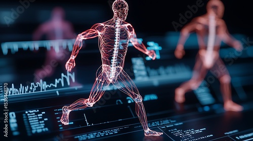 Digital Human Anatomy Model Running on a Futuristic Screen Displaying Biometric Data