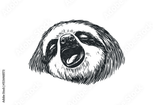 Illustrated sloth yawning with open mouth in black and white. Vector retro hand drawn illustration