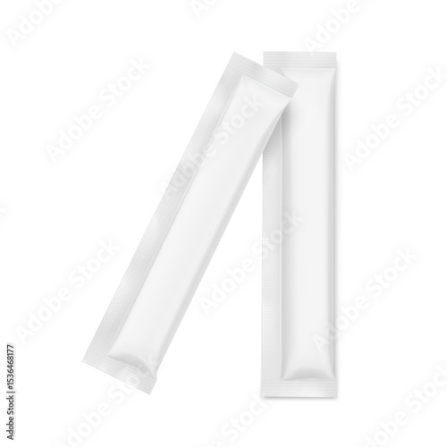 Blank three seal stick package bag mockups. Flat lay view. Vector illustration isolated on white background. Can be use for food, cosmetic, pharmacy and etc. EPS10.