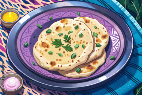 Indian naan bread topped with melted butter and garlic, served on a traditional metal plate. Ideal for ethnic food visuals, menus, or recipe illustrations