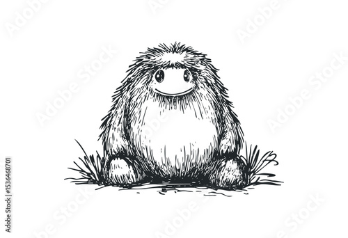 Cute furry monster with big eyes and fluffy fur sketch. Vector retro hand drawn illustration