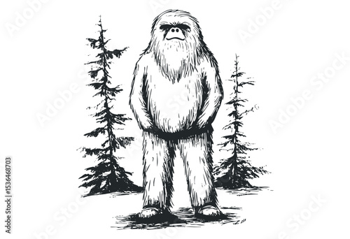 Bigfoot sketch with evergreen trees in monochrome style. Vector retro hand drawn illustration