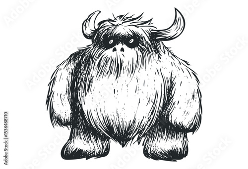 Black and white illustration of a furry fantasy creature with horns. Vector retro hand drawn illustration