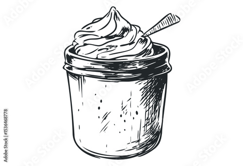 Sketched ice cream jar with spoon in retro style. Vector retro hand drawn illustration