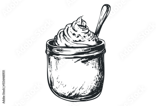 Hand-drawn swirl in ice cream cup with spoon. Vector retro hand drawn illustration