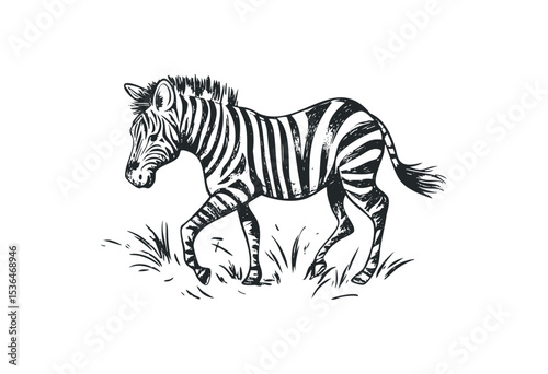 Illustration of a zebra walking with striped pattern detail. Vector retro hand drawn illustration