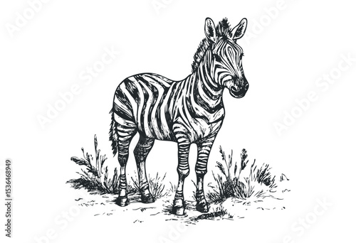 Detailed zebra illustration with black and white stripes in natural habitat. Vector retro hand drawn illustration