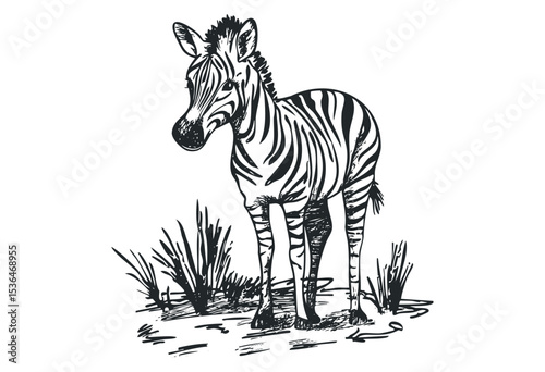 Detailed zebra sketch standing among grass. Vector retro hand drawn illustration